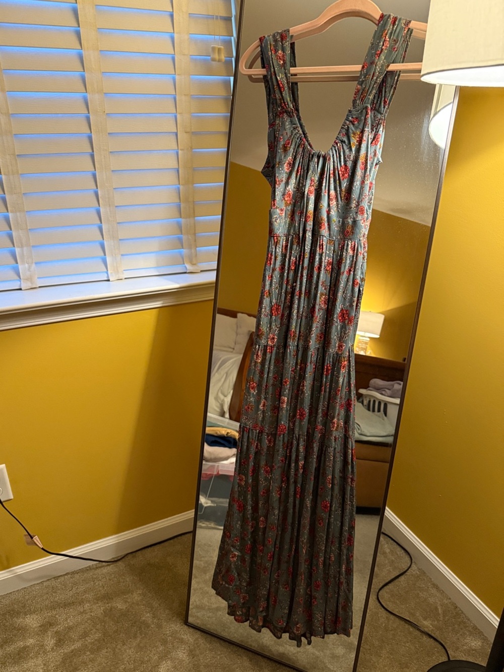 Sleeveless Floral Maxi Dress in Teal with Red Accents